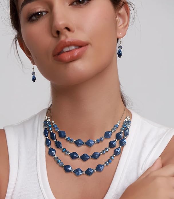 3 Layered Chunky Statement Necklace for Women Beaded Strand Necklaces with Earring Fashion Costumes Collar Necklace Jewelry Sets Gifts for Women