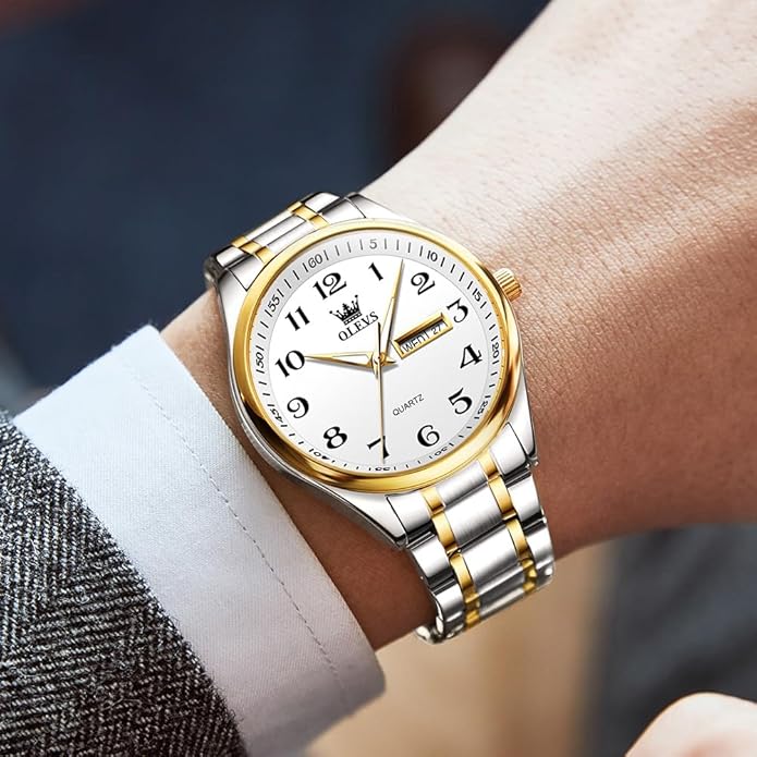 Men's Casual Stainless Steel Watch, Big Face Easy to Read Analog Quartz Watch with Day and Date, Classic Waterproof Diamond Roman Arabic Numerals Dial Dress Watch for Men, Gold Silver Black Band
