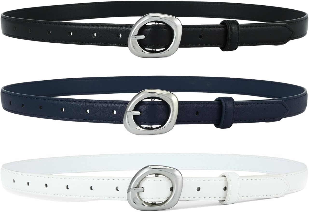 Thin Belt for Women Jeans Faux Leather Ladies Skinny Waist Belts for Dresses Pants with Trendy Gold/Silver Buckle