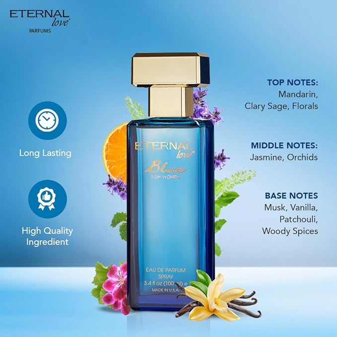 Eternal Love Blue for Women - Long Lasting Eau de Parfum Spray - Soft Powdery Floral Scent with Vanilla & Jasmine - Feminine & Alluring Fragrance - 3.4oz