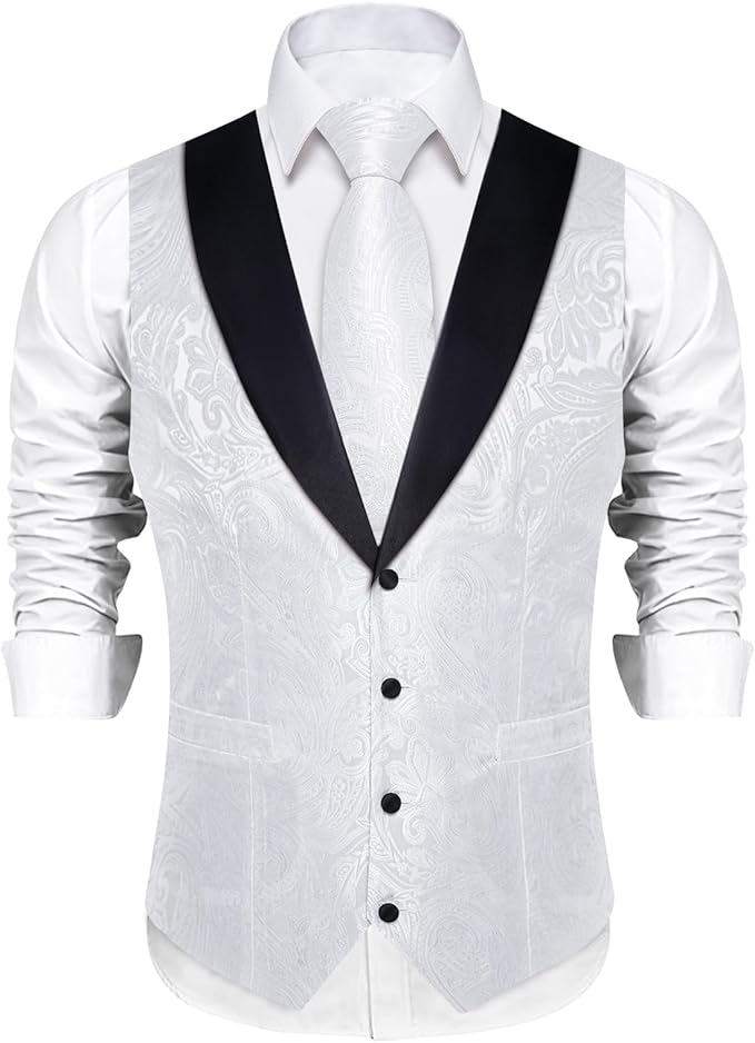 DiBanGu Mens Paisley Suit Vest Silk Jacquard Waistcoat and Necktie Set Formal Shawl Collar Dress Vest 7PCS for Wedding Party