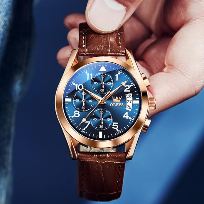 OLEVS Men's Watches Brown Leather with Date,Casual Watches for Men,Large Face Watches Men,Chronograph Mens Watch,Sport Waterproof Business Dress Analog Quartz Men's Wrist Watches Reloj De Hombre