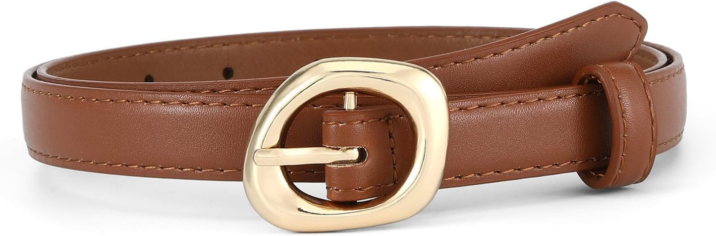 Thin Belt for Women Jeans Faux Leather Ladies Skinny Waist Belts for Dresses Pants with Trendy Gold/Silver Buckle