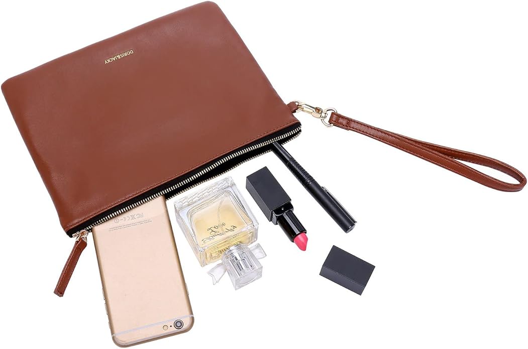 DORIS&JACKY Lambskin Leather Wristlet Clutch Purse for Women Soft Designer Slim Cell Phone Pouch Bag with Detachable Strap