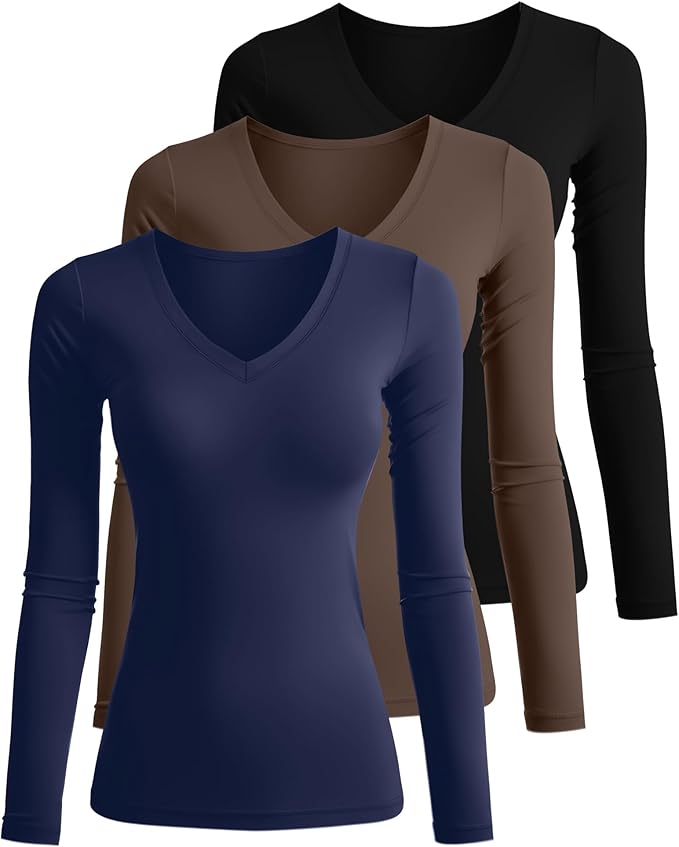 Ficerd 3 Pack Women's Long Sleeve Shirts, V Neck Basic Tees Slim Fitted Casual Fall Tops Going Out Blouses T Shirts