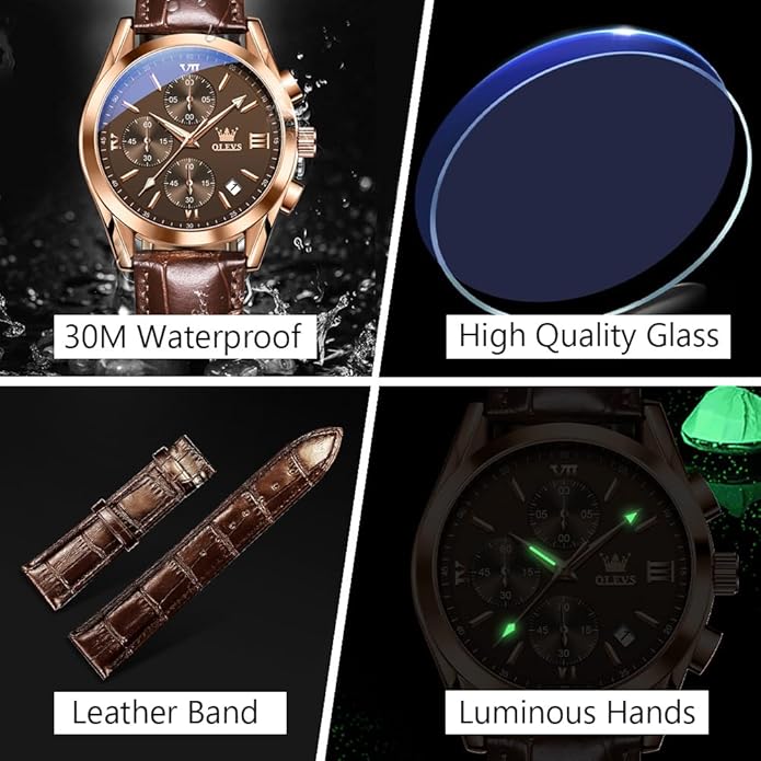 OLEVS Men's Casual Leather Watch, Big Face Chronograph Watch for Men, Fashion Easy to Read Dress Watch, Men's Waterproof Luminous Date Analog Watch, Gold/Black/White/Blue Dial