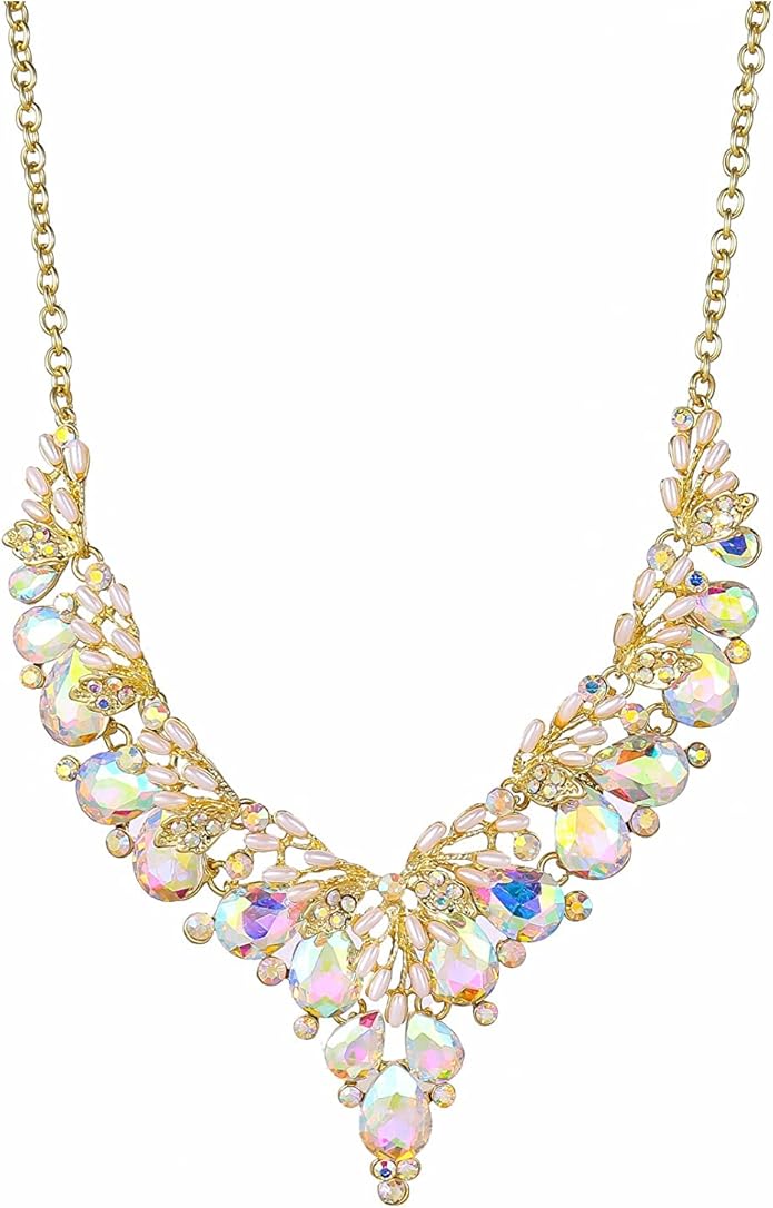 Jewelry Set for Women, Statement Necklace Dangle Earrings Bracelet Ring, White/KC Gold Plated Jewelry Set with Rhinestone Pearl Crystal Wedding Party Jewelry for Bridal Bridesmaid