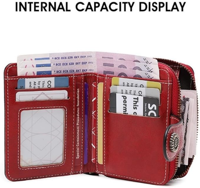 Premium Slim Genuine Leather Bifold Wallet for Women with Advanced RFID Blocking Technology and Zippered Coin Compartment (Red)