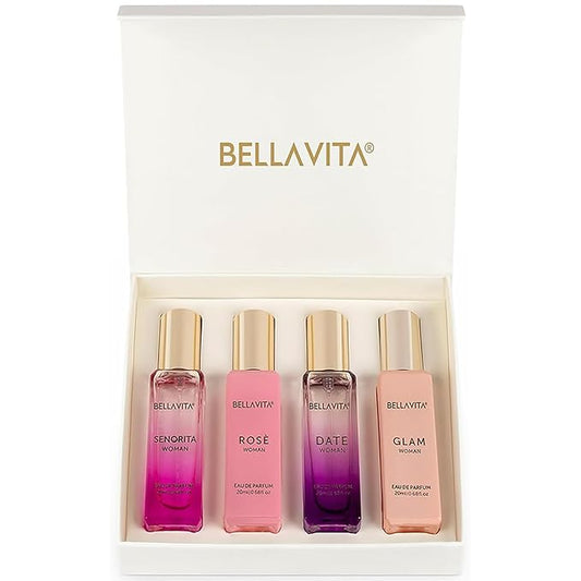BellaVita Luxury Women's Perfume Gift Set | 4x20ml | Notes of Floral, Sweet, Spicey Red Fruit, Vanilla & Musk | DATE, SENORITA, GLAM & ROSE | French Parfum Collection Gift Set