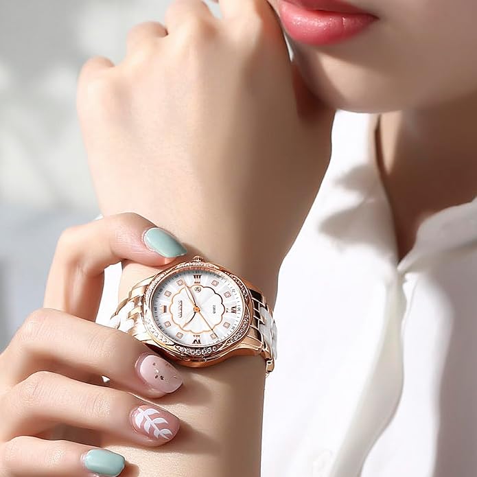 OLEVS Womens Ceramic Watch Luxury Shinning Diamond Rose Gold Watch for Women Analog Quartz Ladies Dress Watches Casual Waterproof Wrist Watches for Woman with Day Date Reloj para Mujer
