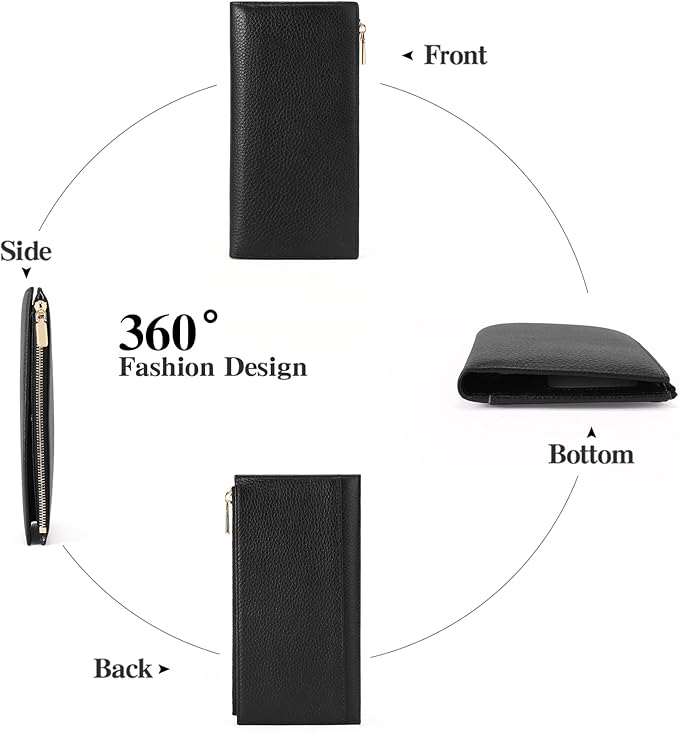 Slim Blue Wallet for Women, RFID Blocking Genuine Leather Bifold with Secure Zippered Coin Pocket (Black)