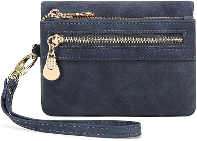 Women's Vintage Genuine Leather Handbag Wallet Dark Billfold Purse with Snap Closure for Daily Essentials (Blue)