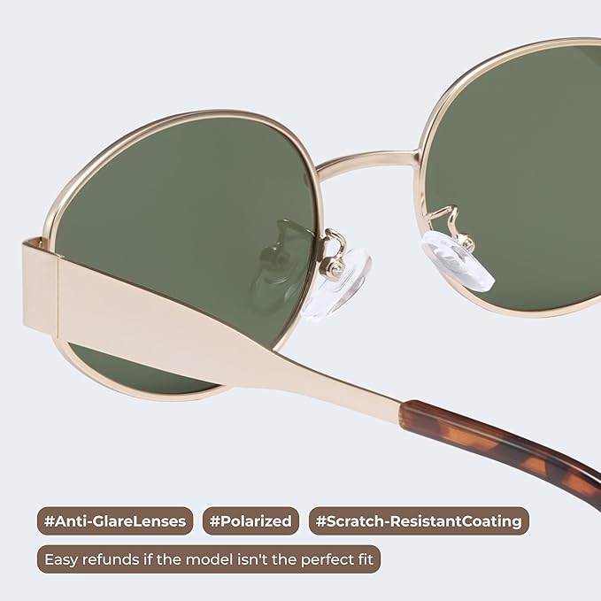 livho Retro Polarized Sunglasses - UV400 Protection, Oval Shape, Metal Frames - Matching Soft Case Inlcuded