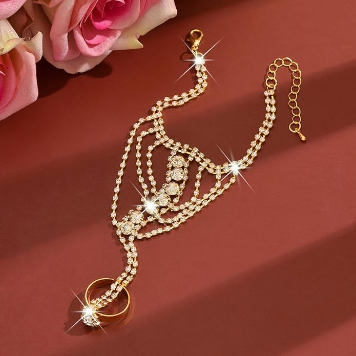 Sparkly Rhinestone Hand Chains Finger Ring Bracelets Silver Crystal Flower Chain Ring Bracelet Boho Hand Harness Chain Bracelet Wedding Party Prom Christmas Fashion Jewelry Accessories for Women