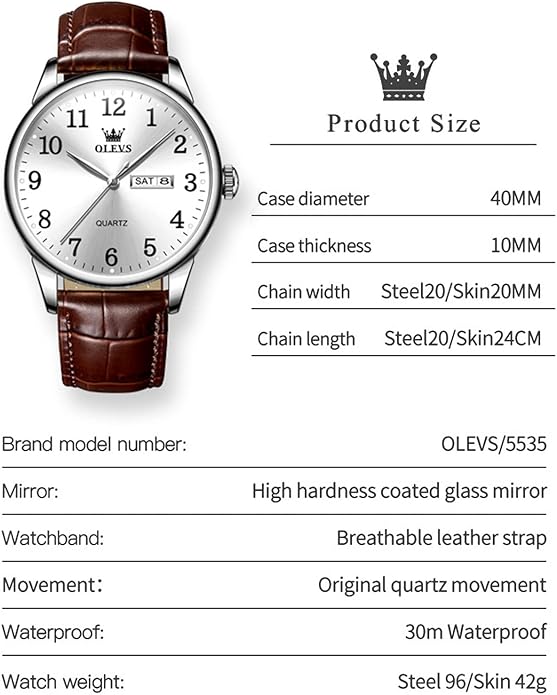 OLEVS Mens Watches Vintage Leather Band Dress Classic Easy Reader Arabic Numerals Analog Quartz Waterproof Date and Day Blue/Black/White Large Face Men's Wrist Watches