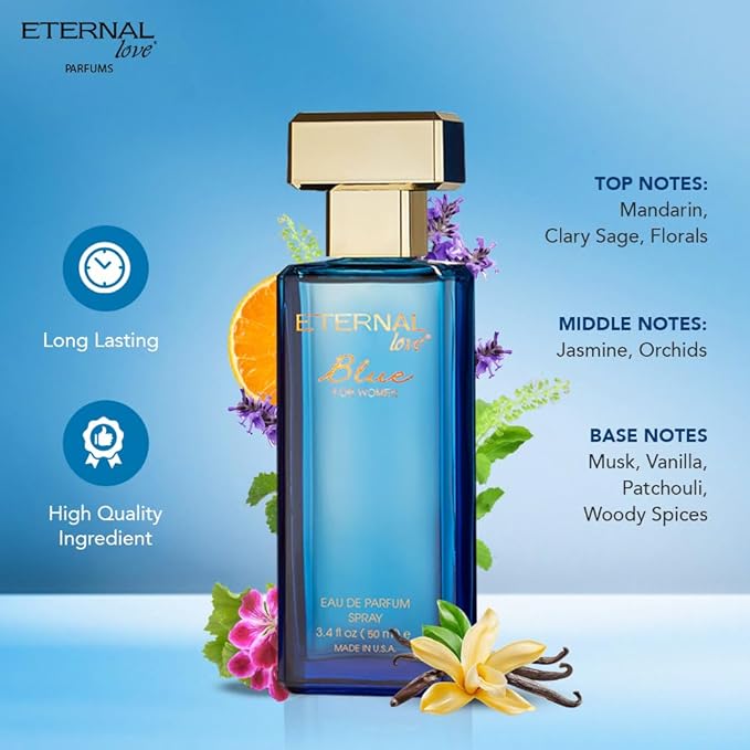 Eternal Love Blue for Women - Long Lasting Eau de Parfum Spray - Soft Powdery Floral Scent with Vanilla & Jasmine - Feminine & Alluring Fragrance - 1.7oz