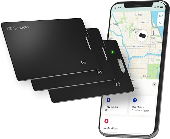 KeySmart MFI-Certified SmartCard Wallet Tracker Card, Compatible with Apple Find My App, Rechargeable Thin GPS Item Finder for Luggage Tag, Smart Bluetooth Tracking with Key Chain Hole Black, 3 Pack