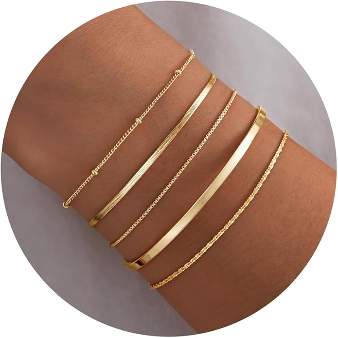 Dainty Thin Gold Bracelet for Women Stack, 14K Gold Plated Bracelet Stackable Set with Bangle Cuff, Box, Herringbone, Paperclip, Figaro, Sparkling Link Chains, Simple Waterproof Non Tarnish Minimalist Gifts for Women Trendy