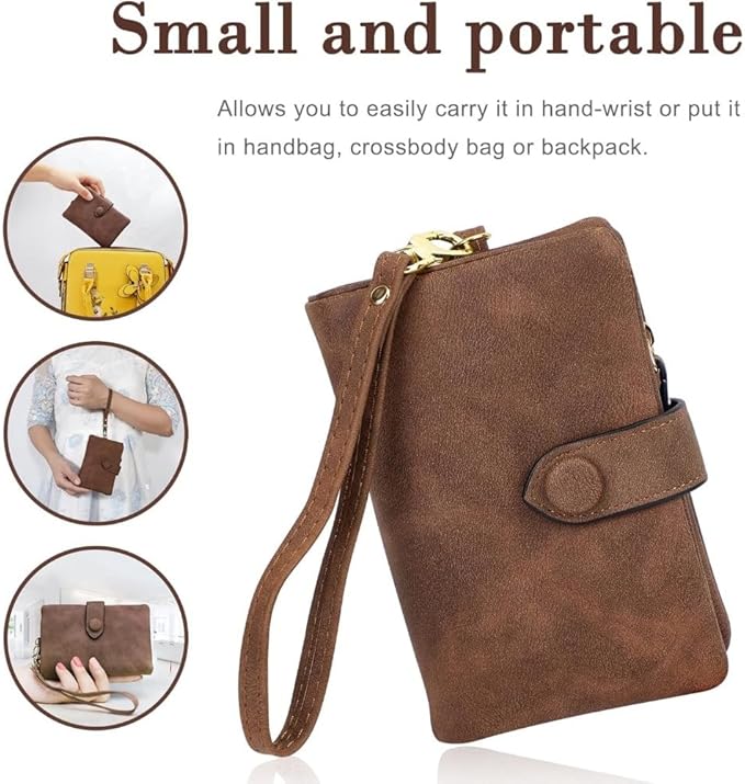 Women's Leather Wristlet Wallet, Bifold RFID Purse with ID Window, Zipper Coin Pocket for Daily Essentials (Brown)