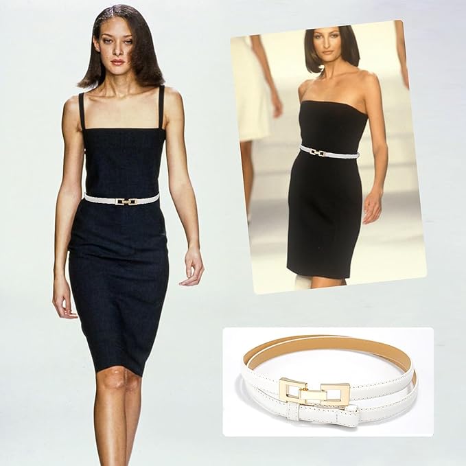 Glamorstar Skinny Belts for Women Thin PU Leather Waist Belt with Gold Buckle for Dresses