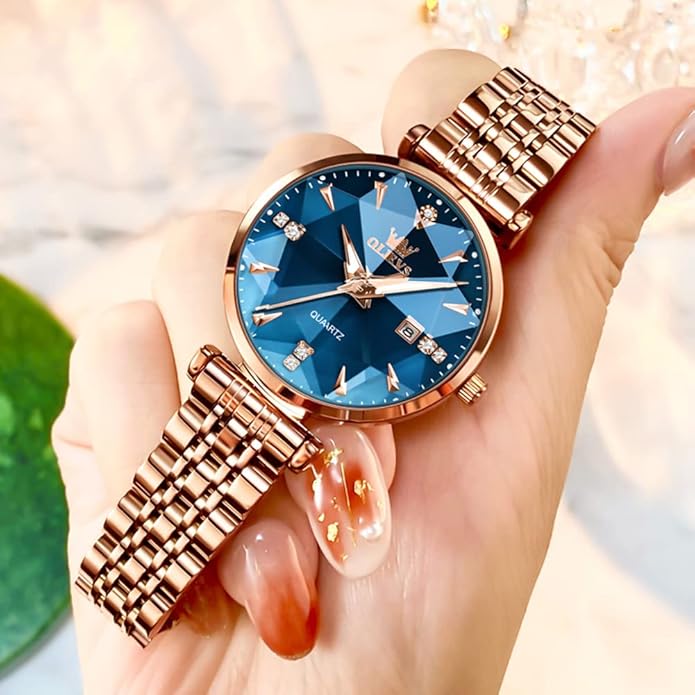OLEVS Women Watches Simple Dress Ladies Watch Rose Gold Stainless Steel Watch Waterproof Quartz Date Luxury Diamond Small Wristwatch Fashion Analog Female Reloj Mujer Blue White Green Red Yellow Face