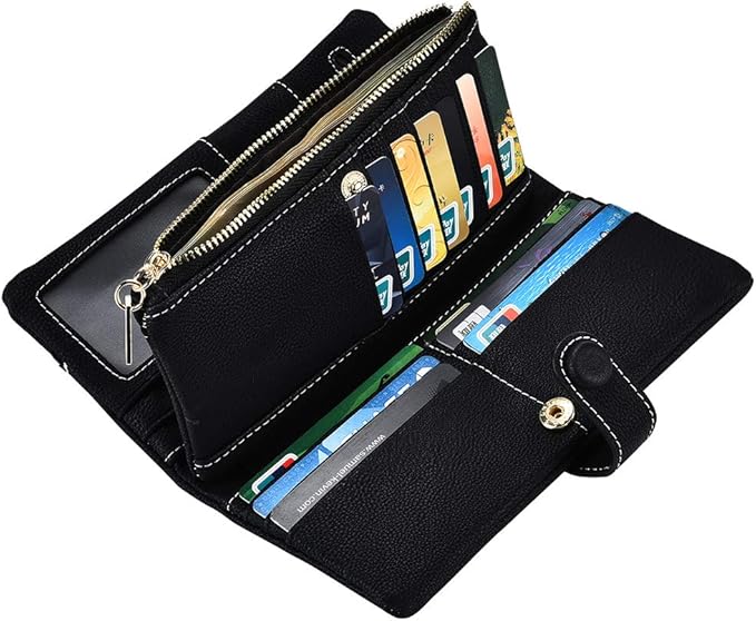 Women's Genuine Leather Bifold Clutch Wallet Large Capacity Card Organizer with Buckle Closure in Candy Colors (Black)