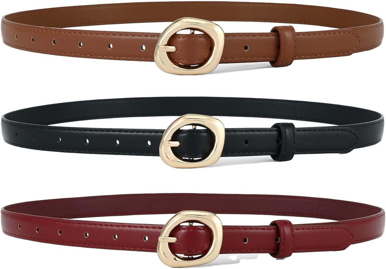 Thin Belt for Women Jeans Faux Leather Ladies Skinny Waist Belts for Dresses Pants with Trendy Gold/Silver Buckle