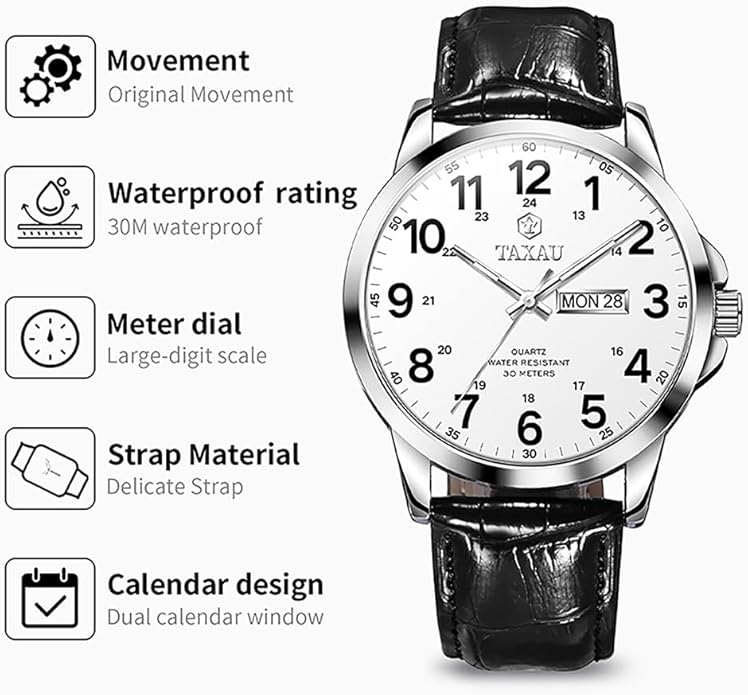 Watches for Men Leather Large Arabic Numerals Mens Watches Waterproof Band with Date Quartz Men's Wrist Watch