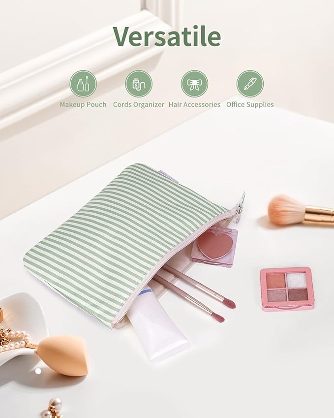 Narwey Small Striped Makeup Bag for Purse Travel Makeup Pouch Cosmetic Bag Zipper Pouch Bags for Women (Mint Green Stripe)