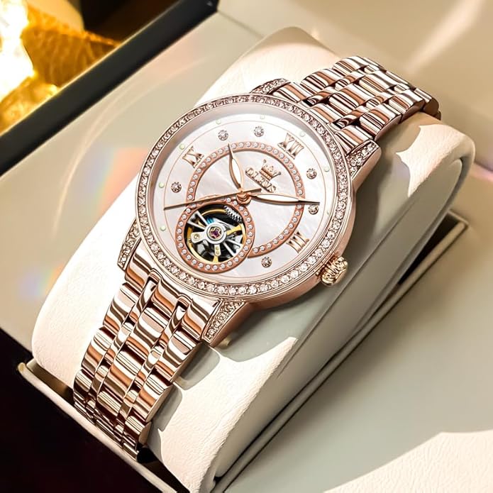 OLEVS Women’s Watch Automatic Diamond Tourbillon Luxury Fashion Stainless Steel Waterproof Luminous Wrist Watches for Ladies Gift Rose Gold/Starry Sky Blue/Silver