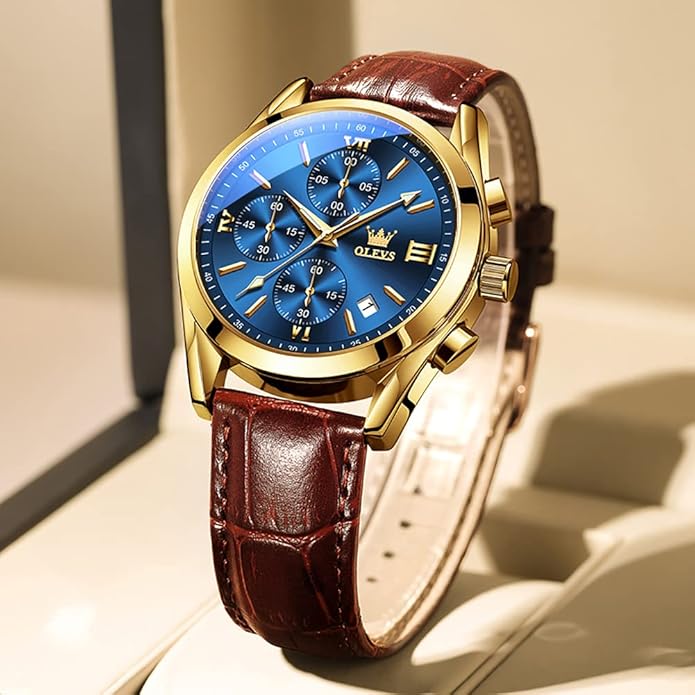 OLEVS Men's Watches Brown Leather with Date,Casual Watches for Men,Large Face Watches Men,Chronograph Mens Watch,Sport Waterproof Business Dress Analog Quartz Men's Wrist Watches Reloj De Hombre