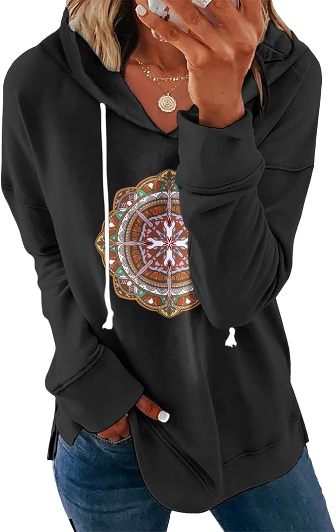 Womens Casual Loose Fit Pullover Sweatshirt with Artistic Print Drawstring Hood Long Sleeve Cotton Blend for Fall