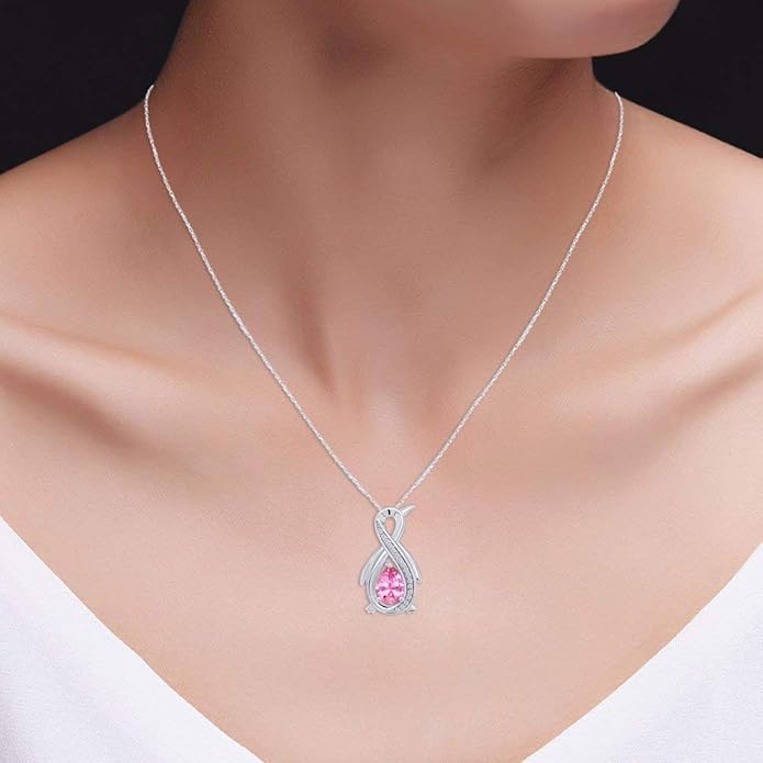 Infinity Penguin Pendant Necklace for Women, 14K Gold Over Sterling Silver with Pear & Round Cut Simulated Birthstone & White Diamond Accents, Dainty Animal Jewelry Gift with 18" Chain