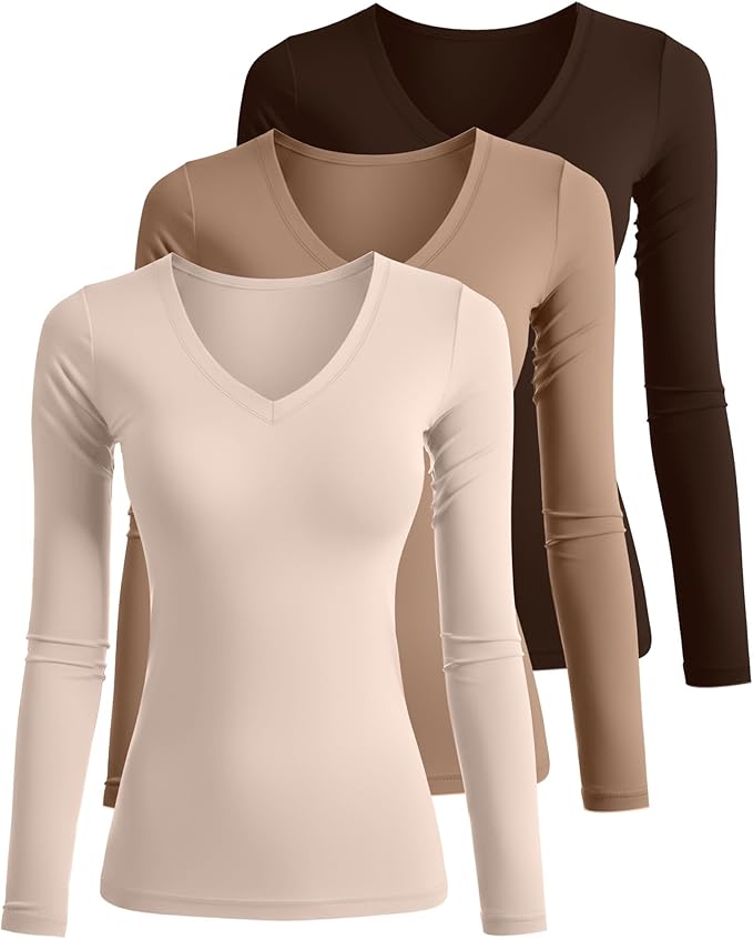Ficerd 3 Pack Women's Long Sleeve Shirts, V Neck Basic Tees Slim Fitted Casual Fall Tops Going Out Blouses T Shirts