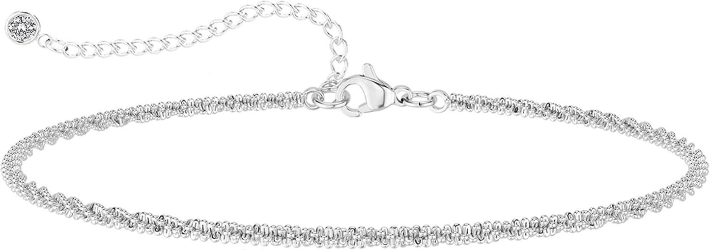 MIDEEO Bracelets for Women Dainty Layered Herringbone Twisted Rope Chain Bracelets Set Layering Dot CZ Leave Beaded Bracelets Dainty Cubic Zirconia Tennis Chain Bracelet Jewelry Gifts