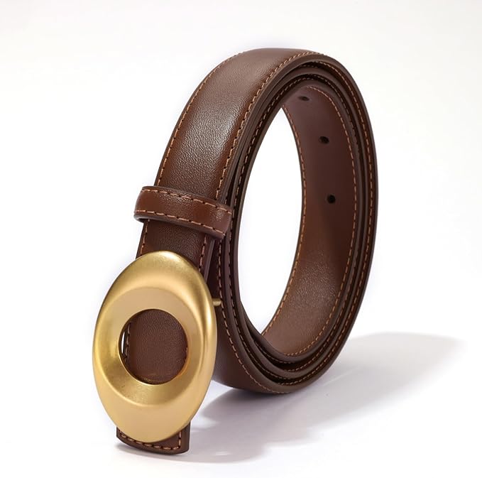 Women's Elegant Casual Genuine Leather Belt with Matte Oval Vintage Gold Buckle for Jeans Pants Dresses