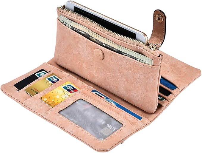 Women's Genuine Leather Bifold Clutch Wallet Large Capacity Card Organizer with Buckle Closure in Candy Colors (Pink)
