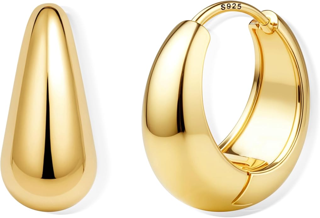 14K Gold Plated Small Chunky Hoop Earrings Sterling Silver Post - Hypoallergenic Trendy Thick Lightweight Silver Plated Huggie Hoops Dainty Hoop Earrings for Women Non Tarnish Jewelry Gifts