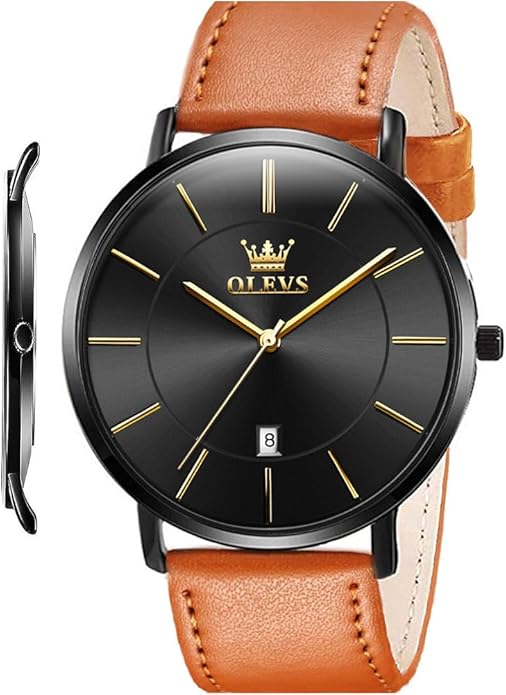 OLEVS Mens Watches Minimalist Ultra Thin Fashion Casual Analog Quartz Date Watch Waterproof Slim Simple Big Face Dress Wrist Watch Leather Band for Men