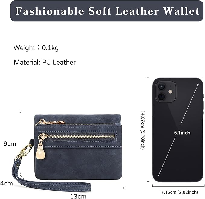 Women's Vintage Genuine Leather Handbag Wallet Dark Billfold Purse with Snap Closure for Daily Essentials (Blue)