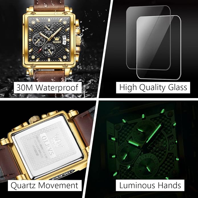 OLEVS Men's Casual Leather Watch, Big Face Chronograph Watch for Men, Fashion Easy to Read Dress Watch, Men's Waterproof Luminous Date Analog Watch, Gold/Black/White/Blue Dial