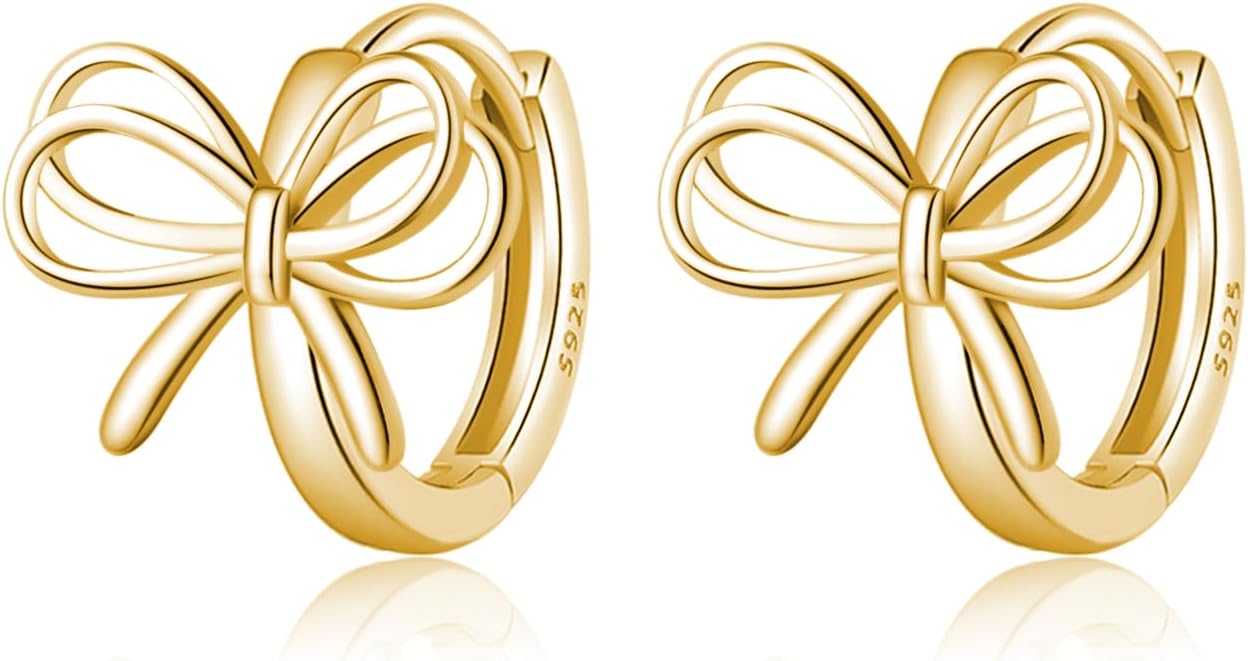 Reffeer Solid 925 Sterling Silver Bow Hoop Earrings Ribbon for Women Teen Girls Bowknot Hoop Earrings Huggie