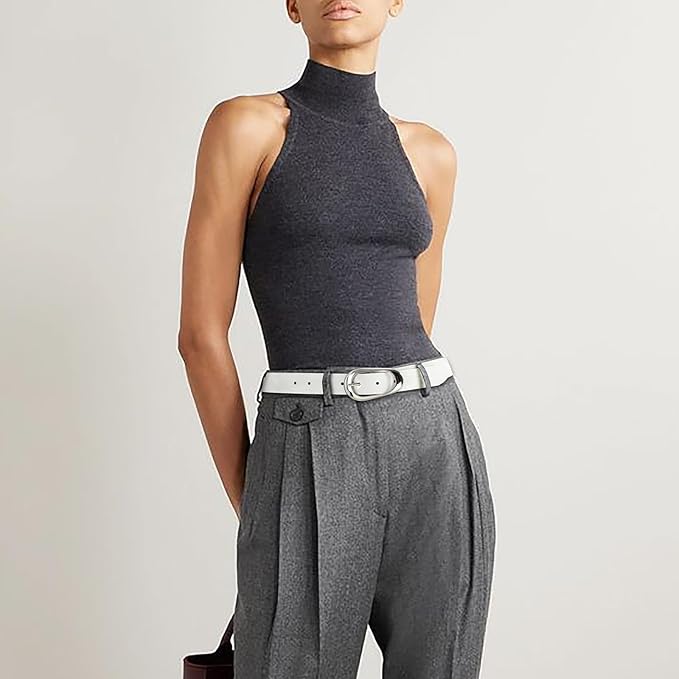 Womens White Belts with Gold Buckle Leather Belts for Women Ladies Fashion Waist Belt