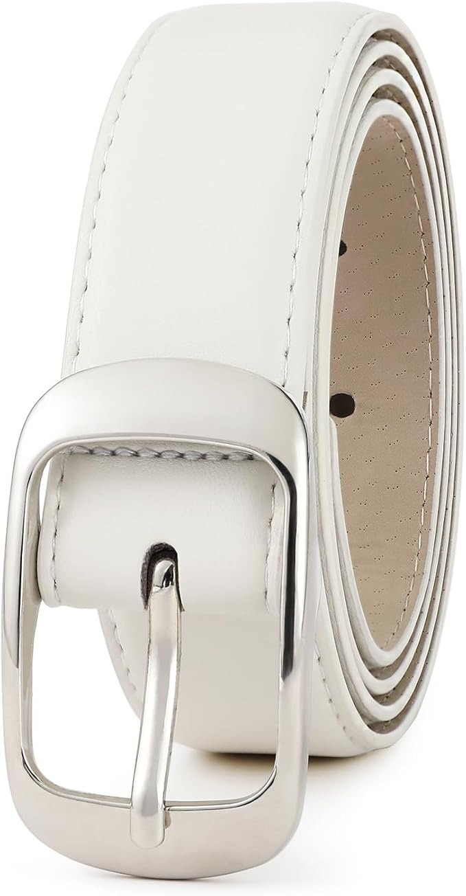 Womens White Belts with Gold Buckle Leather Belts for Women Ladies Fashion Waist Belt