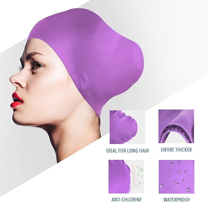 Womens Silicone Swim Cap for Long Hair,3D Ergonomic Design Silicone Swimming Caps for Women Kids Men Adults Boys Girls with Ear Plug and Nose Clip