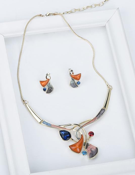Vintage Statement Jewelry Set Leaf Floral Bohemian Boho Statement Necklace Earring Set Crystal Fashion Costume Jewelry