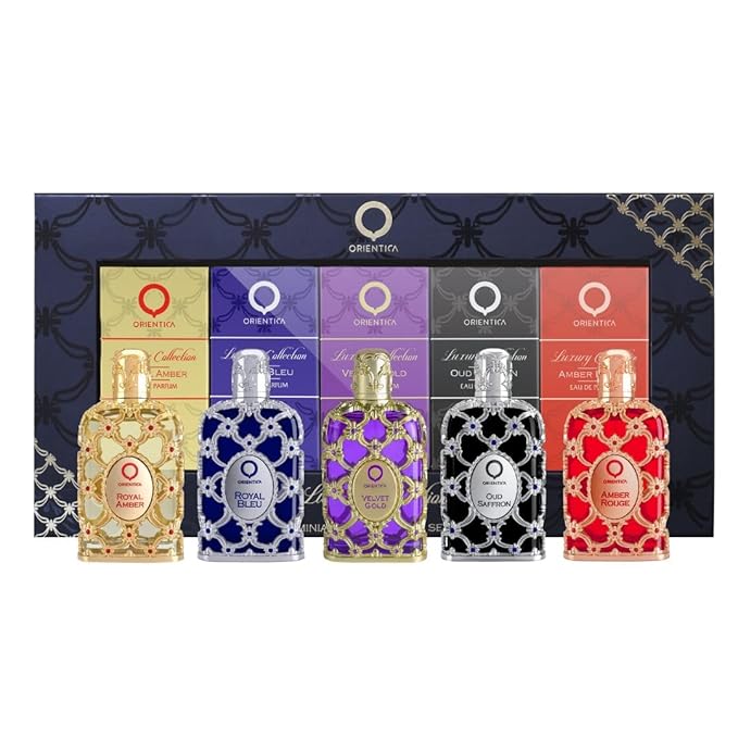 Orientica Luxury Collection Miniature Dicsovery Set Eau De Parfum - Amber Rouge, Royal Amber, Oud Saffron, Velvet Gold & Royal Bleu - Arabic Perfume for Men & Women - 5 x 7.5ml