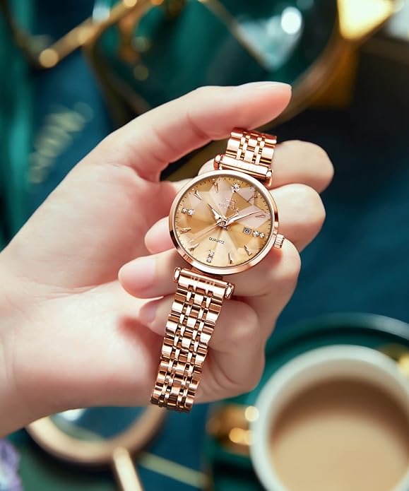 OLEVS Women Watches Simple Dress Ladies Watch Rose Gold Stainless Steel Watch Waterproof Quartz Date Luxury Diamond Small Wristwatch Fashion Analog Female Reloj Mujer Blue White Green Red Yellow Face