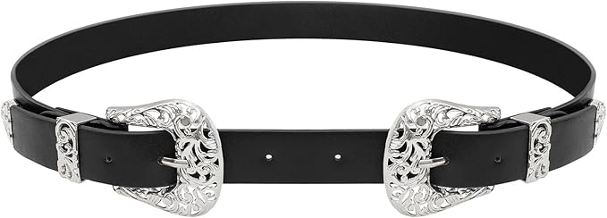 JASGOOD Double Buckle Western Belts For Woman Cowgirl Country Belt Vintage Black Leather Belt For Jeans Pants Dresses
