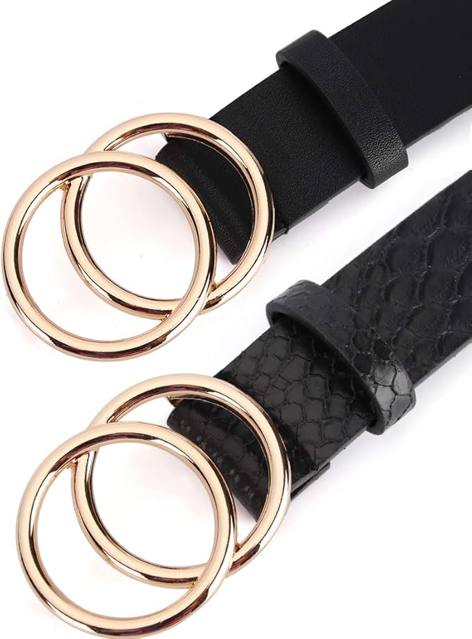 UnFader Pack 2 Women Belts for Jeans with Fashion Double O-Ring Buckle and Faux Leather